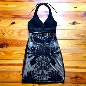 Sue Wong Black and Nude Halter Dress, EUC, 6
